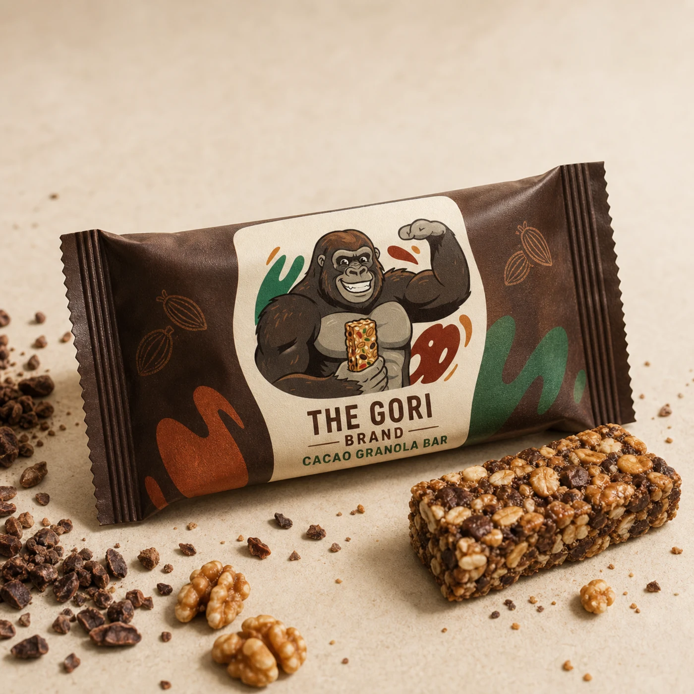 Barra Gori de cacao con avena y nuez junto a su empaque color cacao